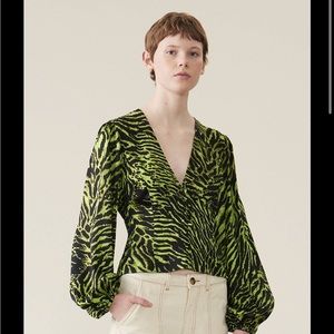 tiger print green silk blouse ganni NWT